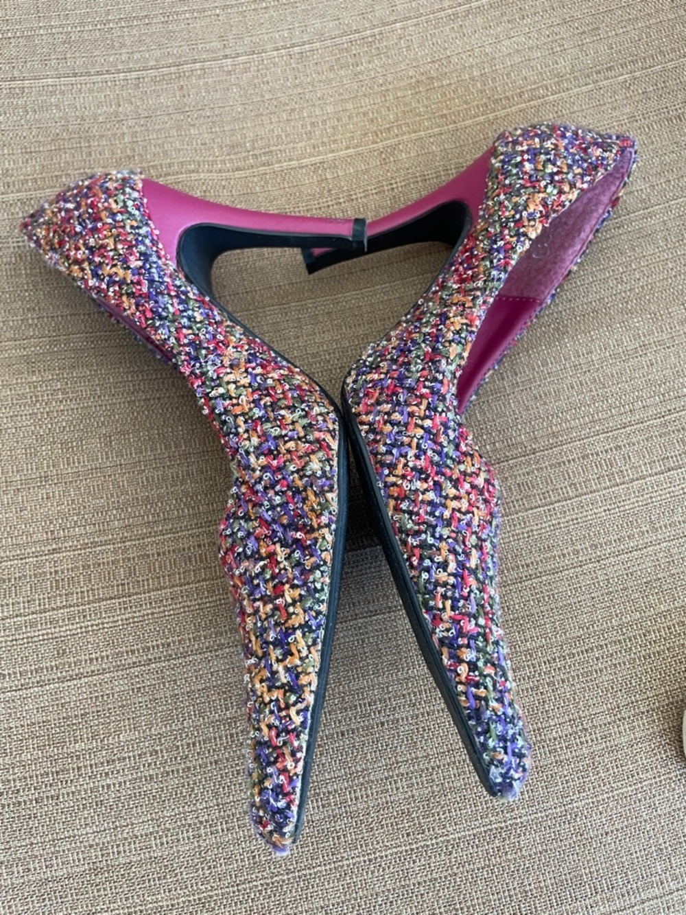 Summer Rio Multicolor Tweed Pointed Toe Pumps with Pink Lining - Picture 6 of 8